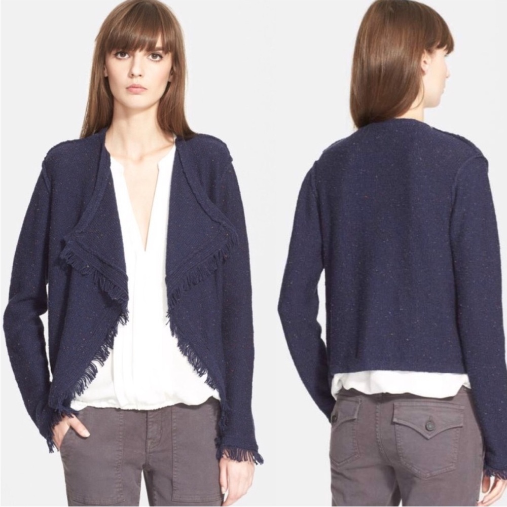 Joie Nalah Drape Front Fringe Trim Cardigan XS Heather Navy Blue EUC